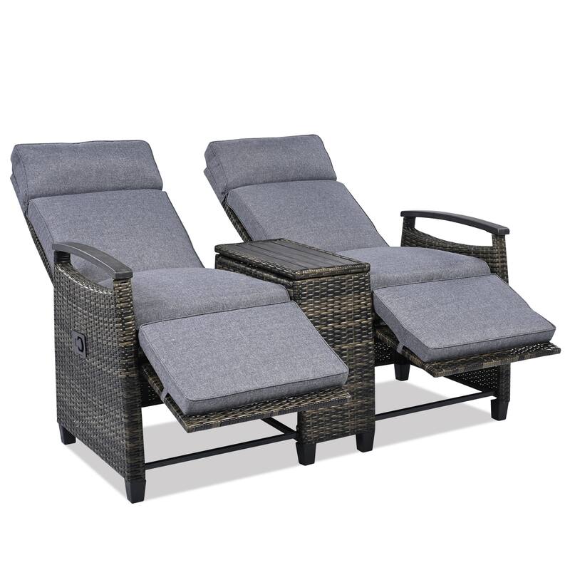 Outdoor Lounge Chair, Adjustable Reclining Loveseat with Built-in Storage Table, Acacia Wood Armrests and Thick Cushions
