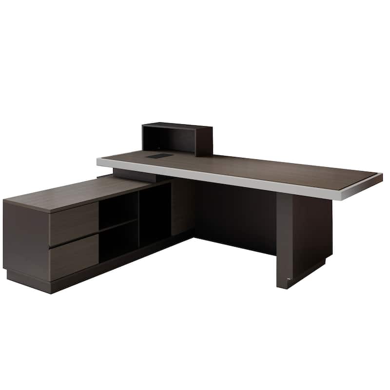 WESOME L Shaped Executive Desk with Cable Box Socket and LED Light for Home Office