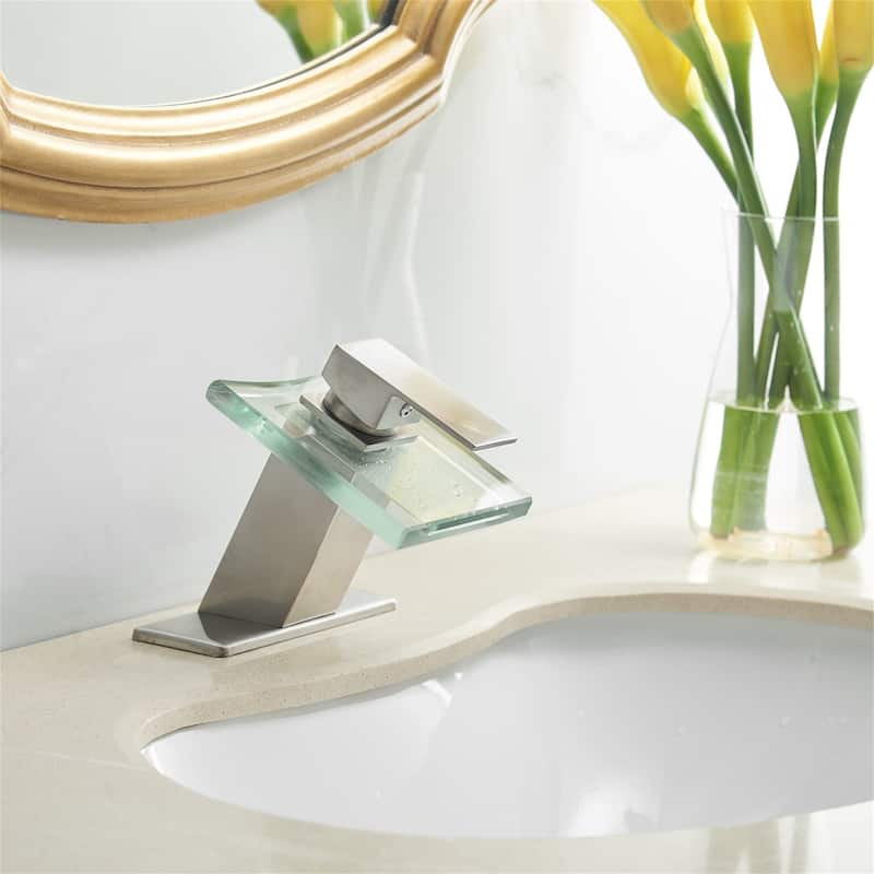 Waterfall Bathroom Faucet With Glass Spout Single Handle Bathroom Sink Faucet One Hole Modern Square Basin Vanity RV Taps