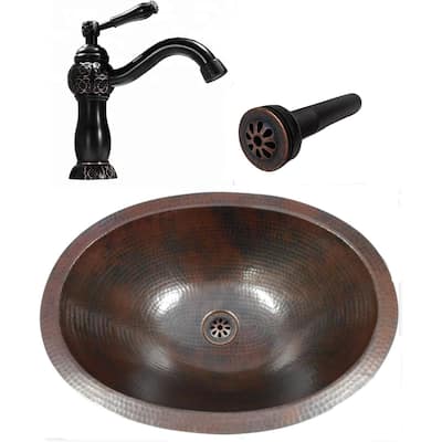 16" Oval Copper Bathroom Sink with 9" Clayborne Faucet & Daisy Drain - 16"x12" X 5"