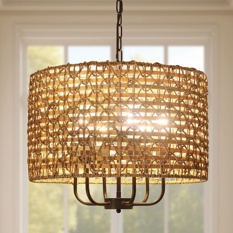 6-Light Boho Handwoven Rattan with Candle Chandelier - 6-Light