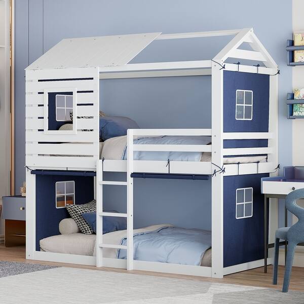 slide 2 of 19, Twin Size Solid Wood Kids Bed Bunk Wood House Bed with Tent Blue+White