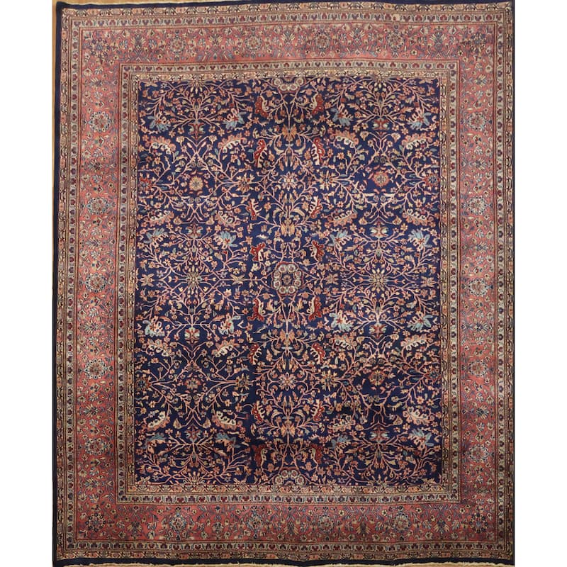 Hand Knotted Oriental 100% Wool Carpet Traditional All-Over Navy Blue & Blues Sarouk Area Rug - 10' 0'' X 8' 2''