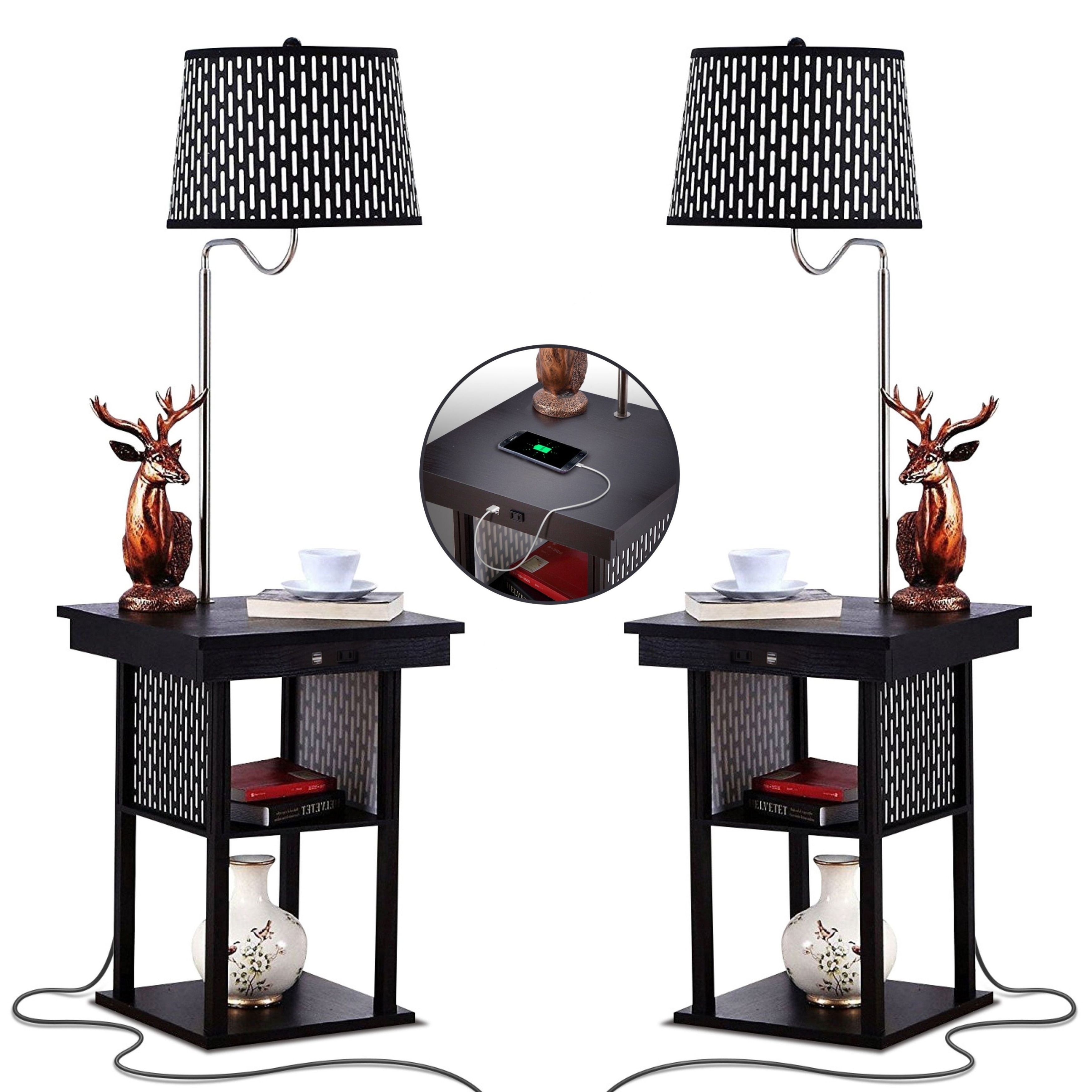 Brightech Madison 56 in. Classic Black Mid-Century LED Bedside Table Lamp with Fabric Drum Shade and Built-In USB Port (2-Pack)