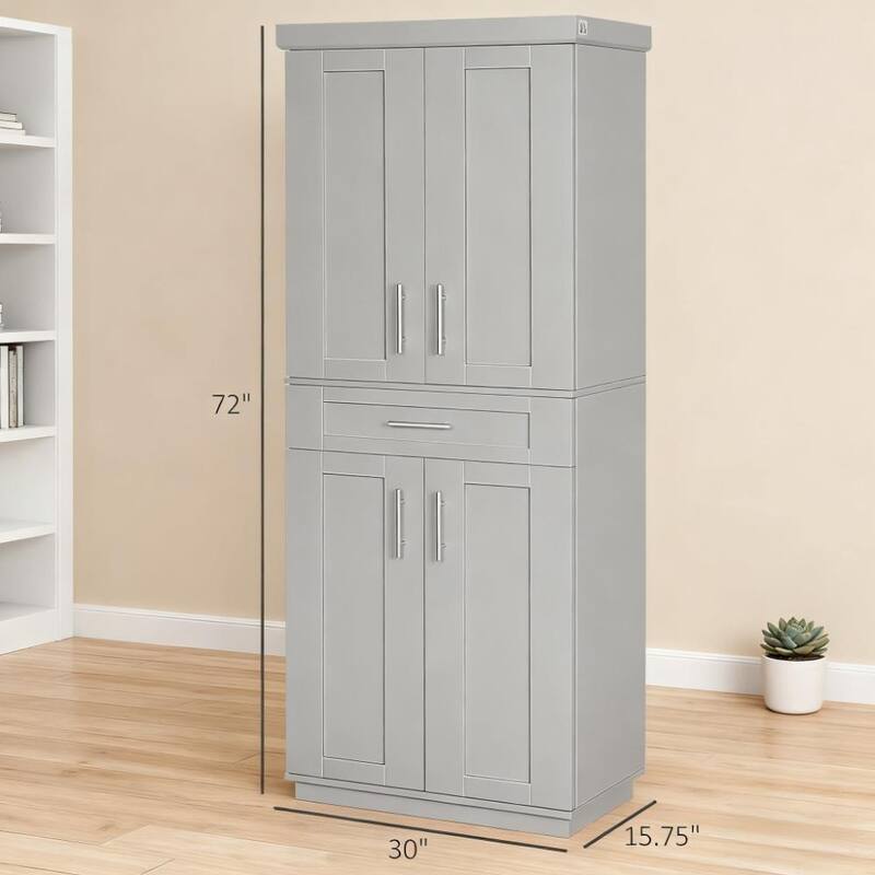 Freestanding Wood Buffet with Hutch, 4 Door Pantry Storage Cabinet, Microwave Stand with Drawer and Adjustable Shelves