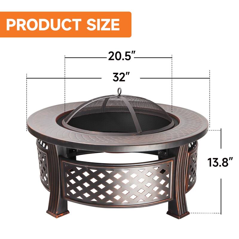 33" Round Fire Pit Table with Screen Lid, Poker, Cover. Outdoor Wood Burning Firepit for Patio & Backyard