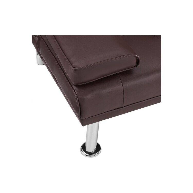 Futon Sofa Bed Couch with Armrest & Cupholders, Faux Leather Sofa Bed Couch Convertible Folding Reclining Small Couch