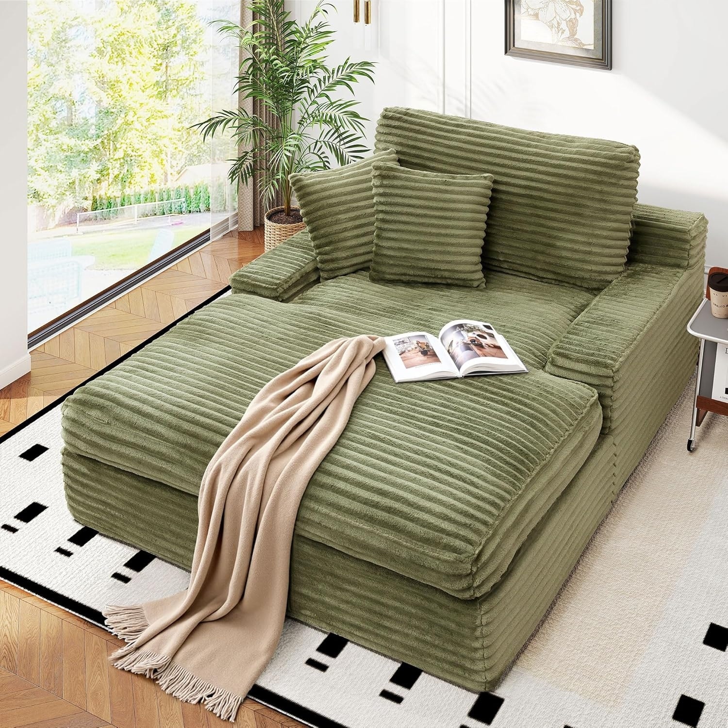 57.5-inch Oversized Chaise Lounge Chair, Upholstered Sofa Bed with Cushions and Armrests, Plush Sleeper for Living Room (Green)