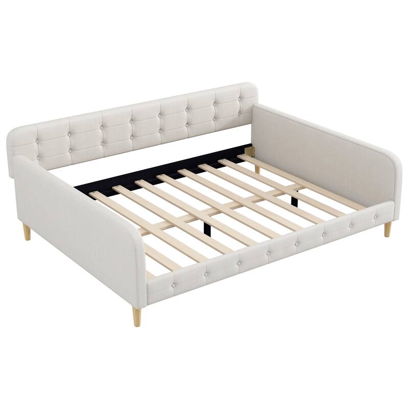 Elegant Style Linen Fabric Daybed, Upholstered Tufted Button Platform Sofa Bed Frame with 4 Solid Pine Wood Legs