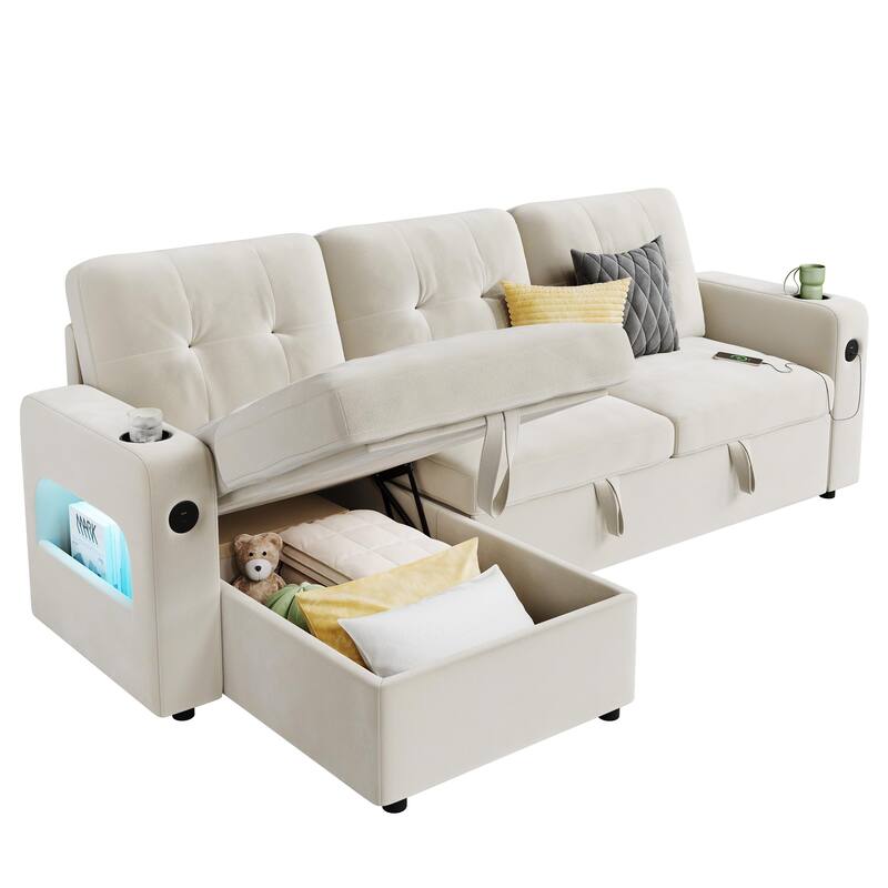 84 Inch Sleeper Sofa Couch, L-Shaped Sofa, Convertible Pull Out Sofa Bed with Storage, Charging Station, Led Lights
