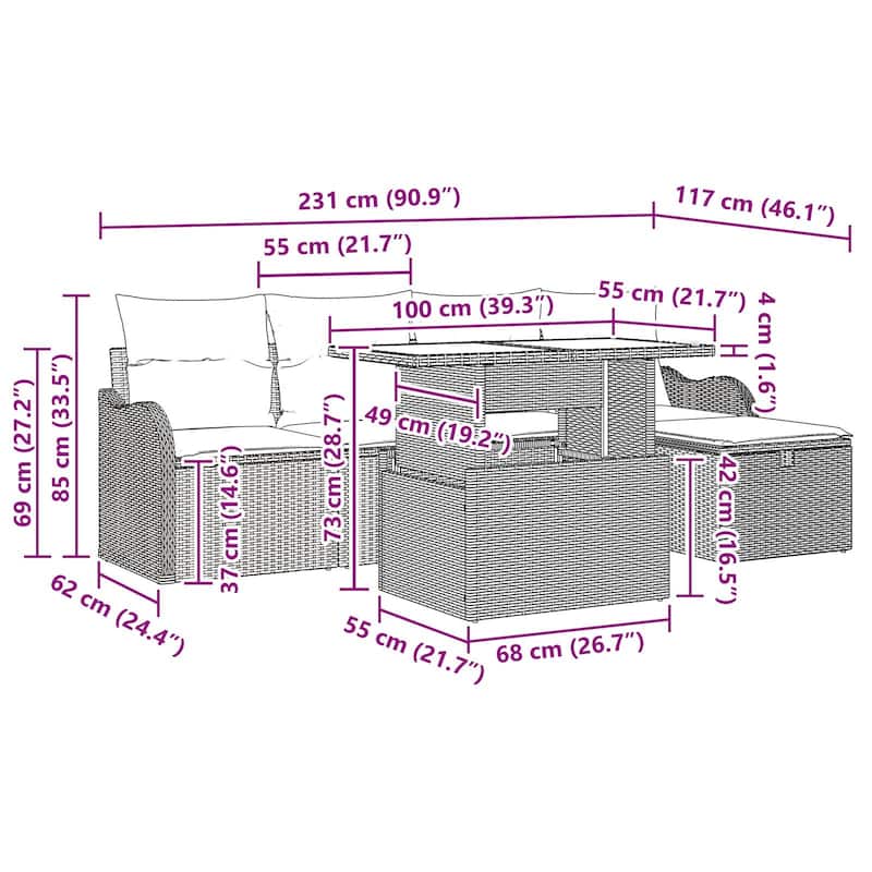 vidaXL 6 Garden Sofa Set with Cushions Black/Brown/Grey Poly Rattan - 90.9 x 46.1 x 27.2