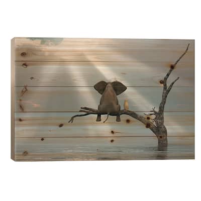 Elephant And Dog Are Sitting On A Tree Fleeing A Flood Print On Wood by Mike Kiev - Multi-Color