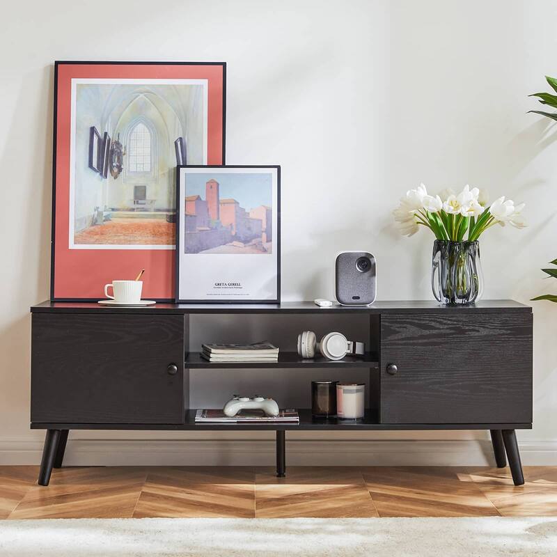 Rossetta Modern Simple Design Panel TV Cabinet with Adjustble Shelf and Table Legs, up to 55 and 60 Inchs - Black