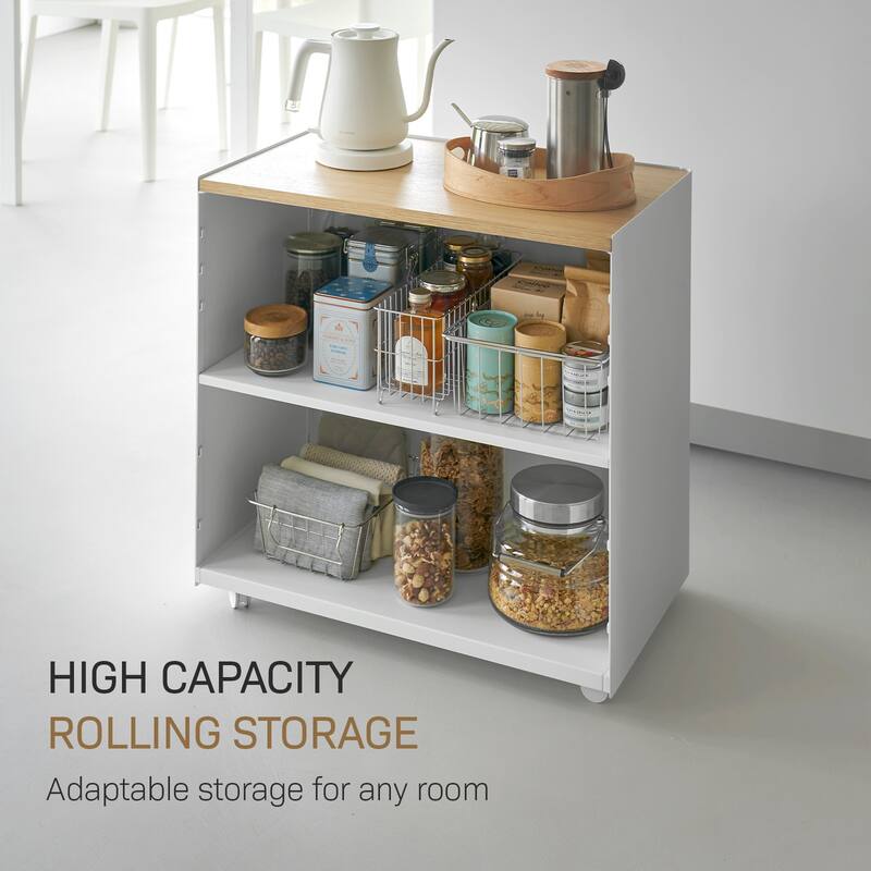 Yamazaki Home Mobile Hideaway Storage Cart, Steel and Wood, Wheels - L 13.9 x W 23.74 x H 23.23 inches