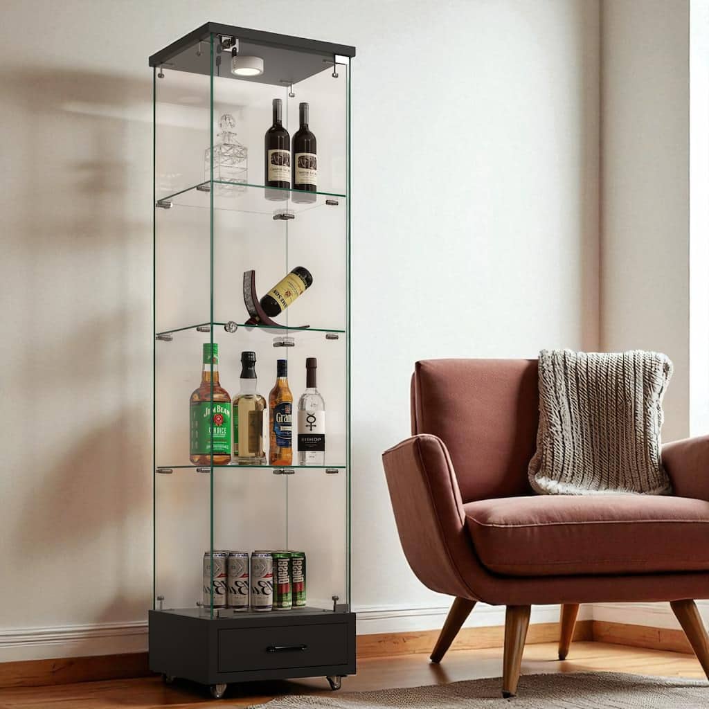 65.9" Modern Glass Display Cabinet with Drawer, LED Lights, Lockable Storage & 4 Tempered Glass Shelves