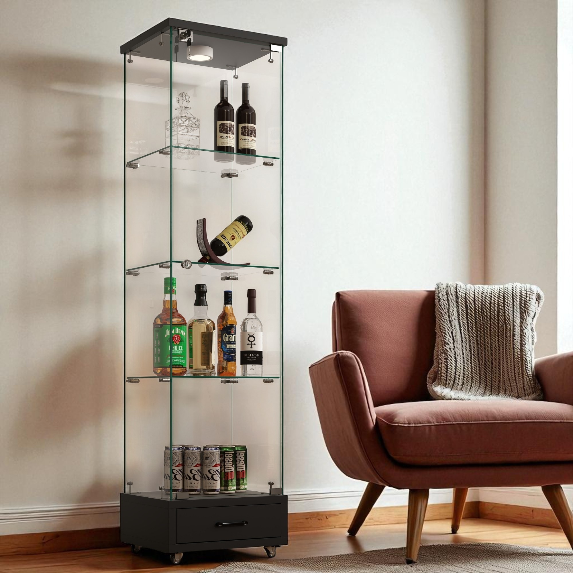 65.9" Modern Glass Display Cabinet with Drawer, LED Lights, Lockable Storage & 4 Tempered Glass Shelves