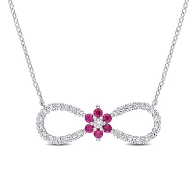 Miadora Created Ruby and Created White Sapphire Infinity Floral Necklace in Sterling Silver