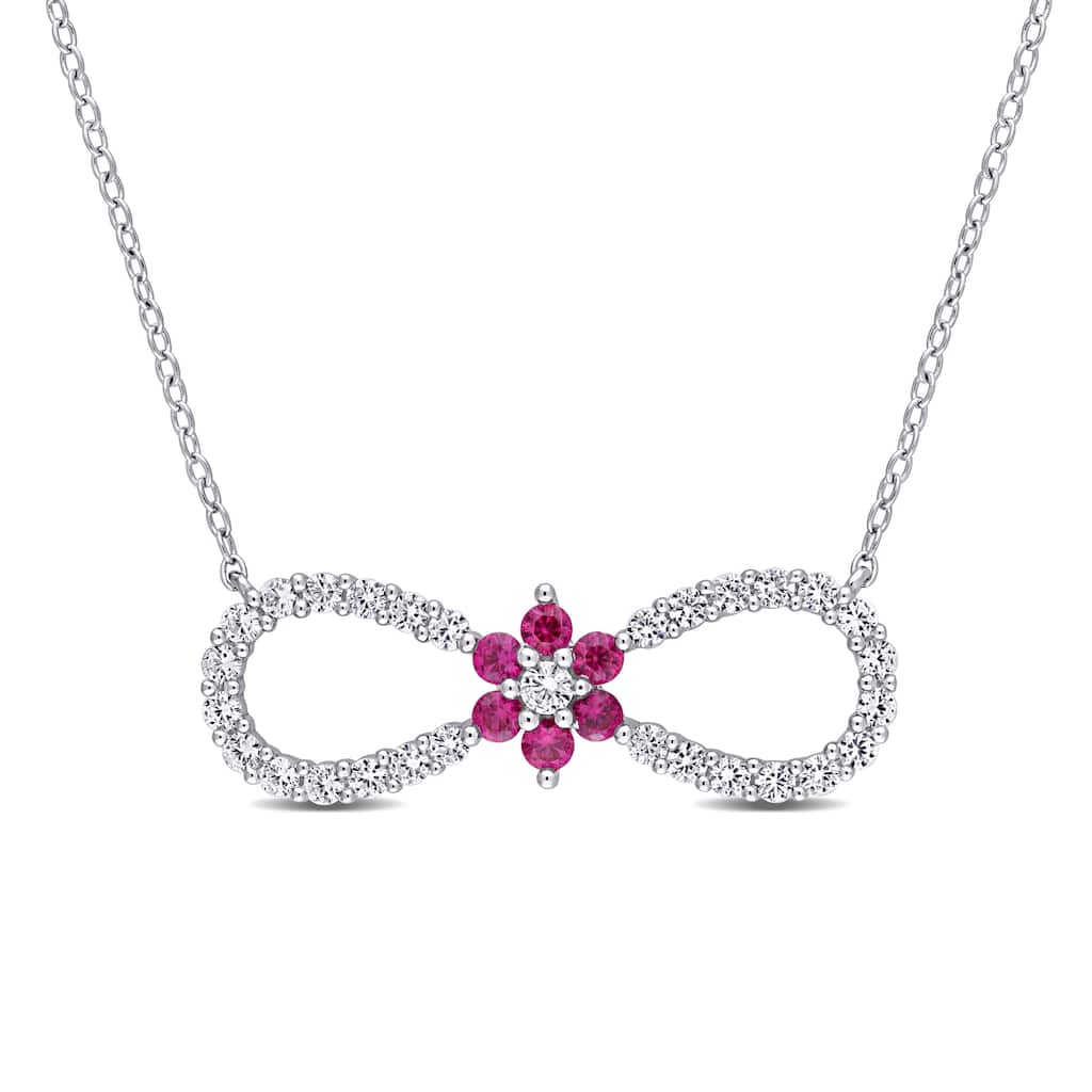 Miadora Created Ruby and Created White Sapphire Infinity Floral Necklace in Sterling Silver