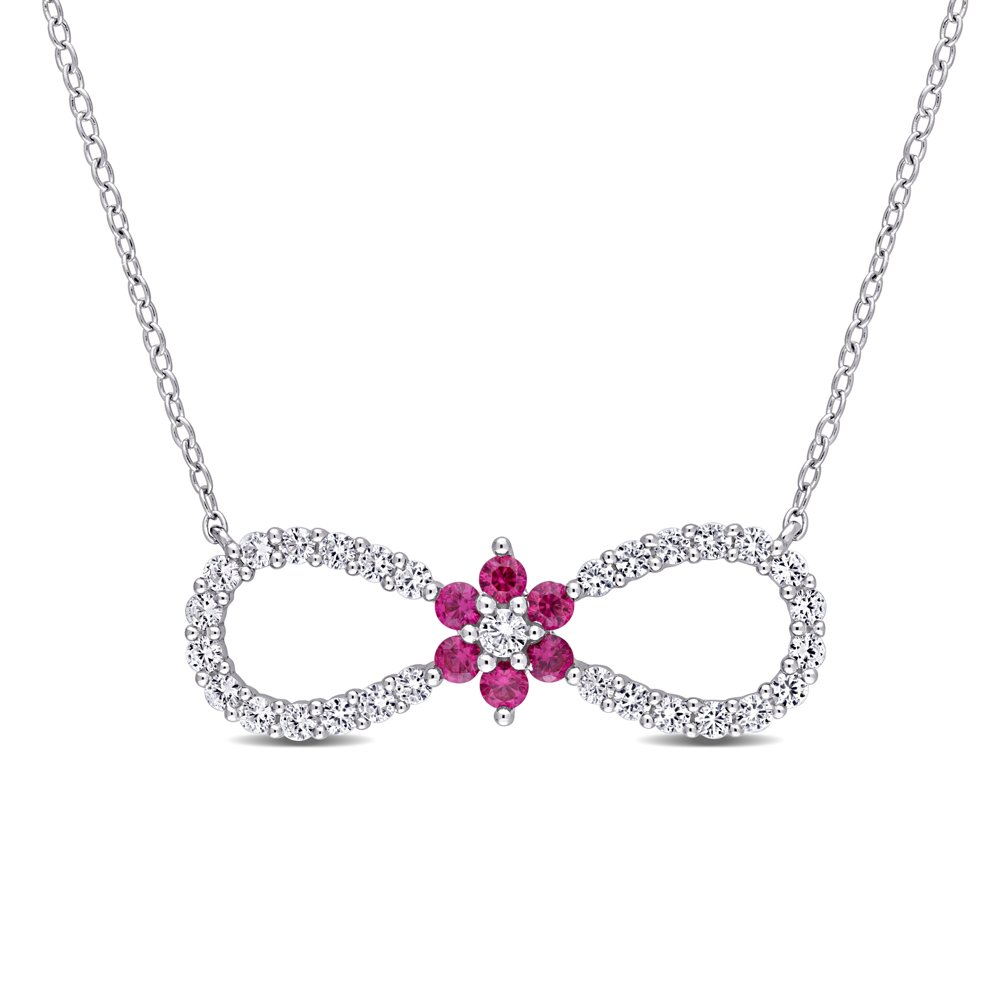 Miadora Created Ruby and Created White Sapphire Infinity Floral Necklace in Sterling Silver