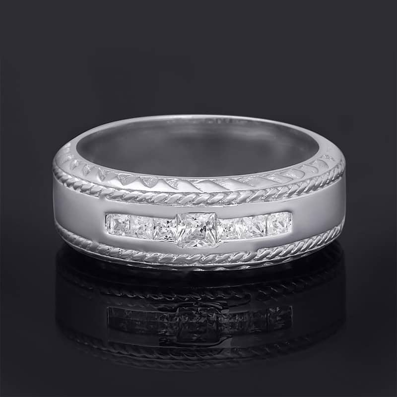 Mens 1/4 Carat Princess Cut Comfort Fit Wedding Band Ring Silver