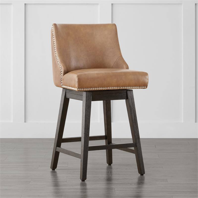 Spruce & Spring Olive Upholstered Counter Height Swivel Barstools-Single - Cognac Brown-Faux Leather