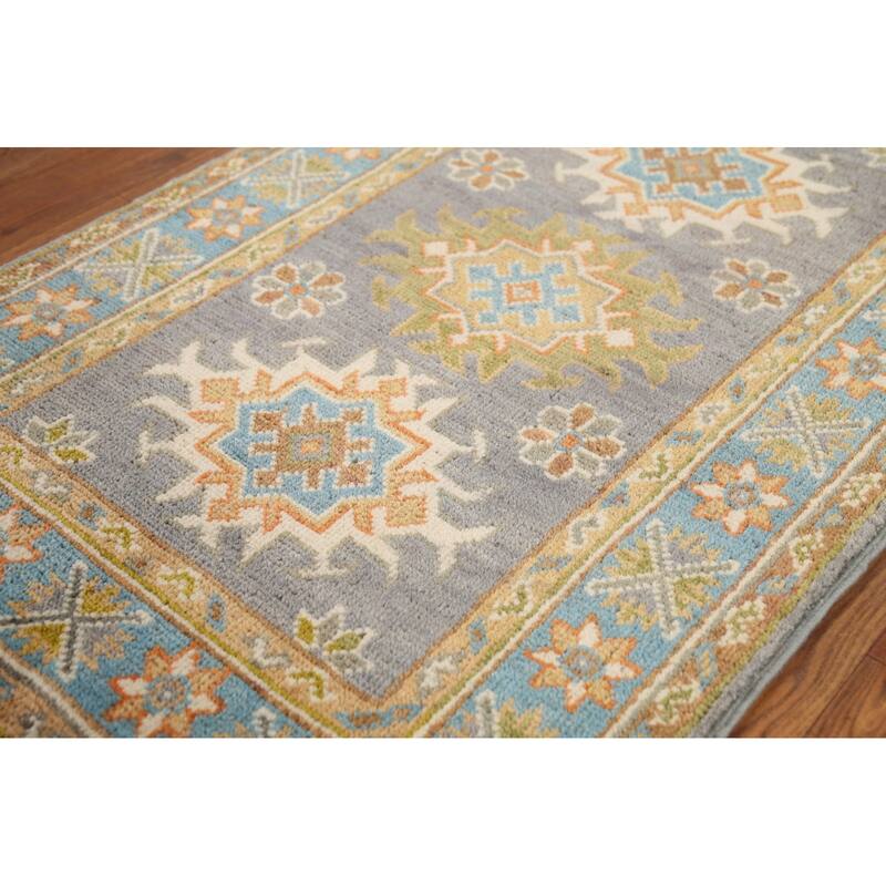 Gray Geometric Kazak Accent Rug Hand-Knotted Wool Carpet - 2'1"x 2'10"