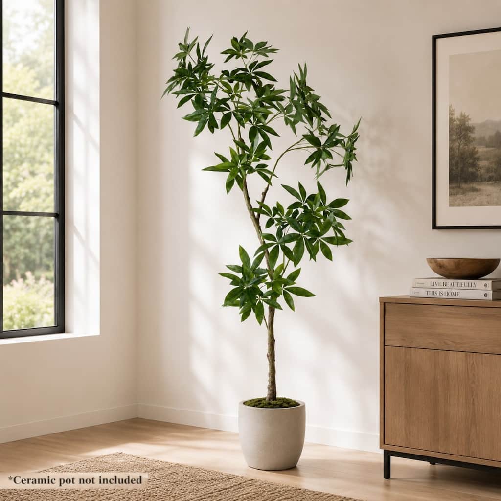 Everleaf 84" Faux Money Tree in Black Nursery Pot - Indoor Realistic Artificial Tropical Pachira Aquatica Plant