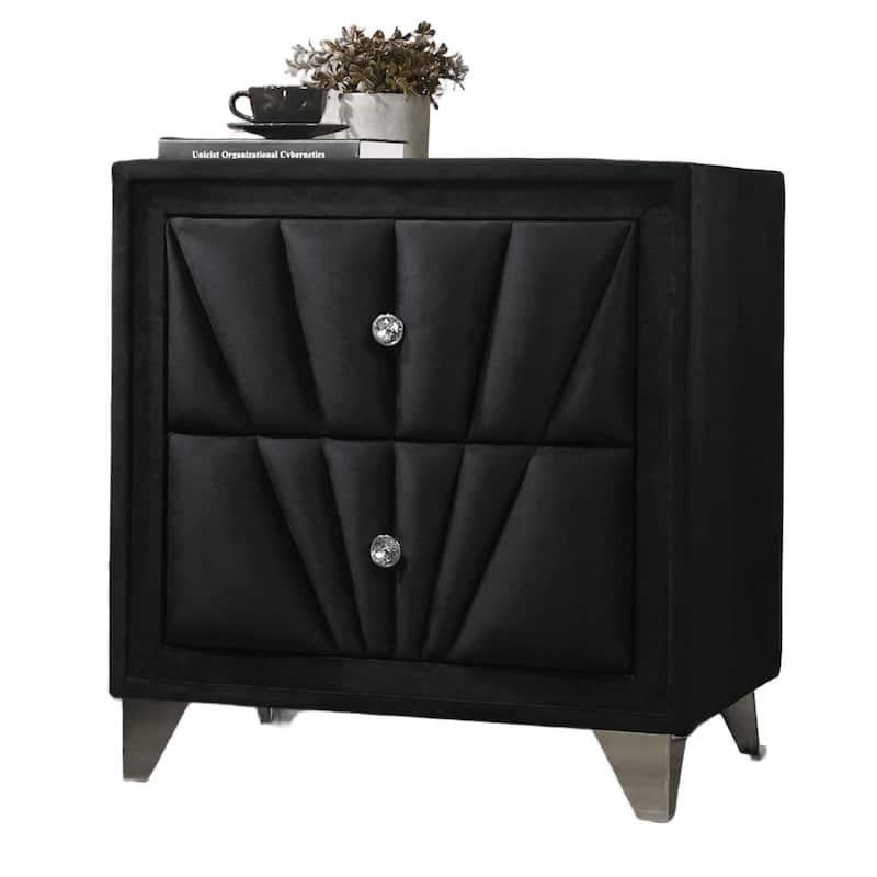 Fabric Upholstered Nightstand with Chrome Legs, Decorative Table with Glass Top, Sofa Side Table with 2 Drawers