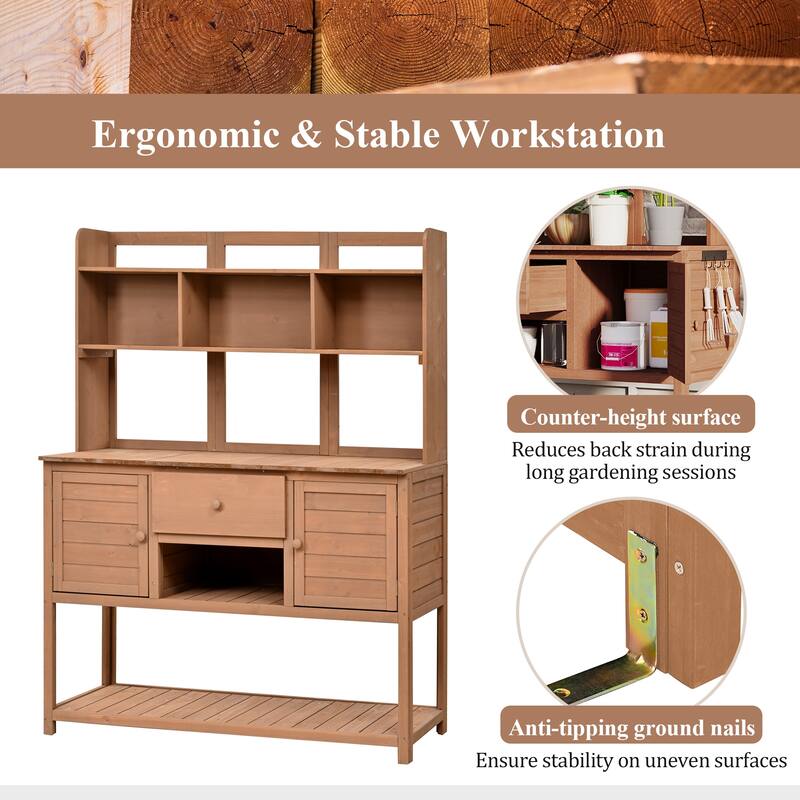 Outdoor Wood Potting Bench with Cabinets and Hutch, Garden Workstation Table with Adjustable Shelves and Hooks - Brown