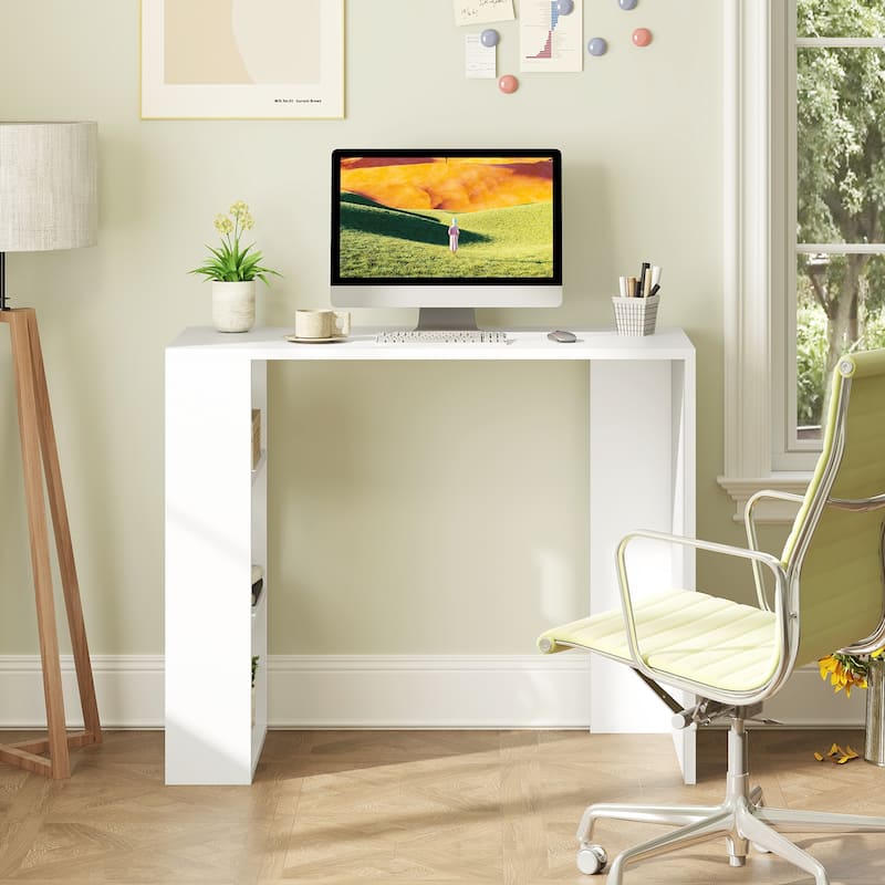 36 Inch White Computer Desk with Storage Shelves for Home Office