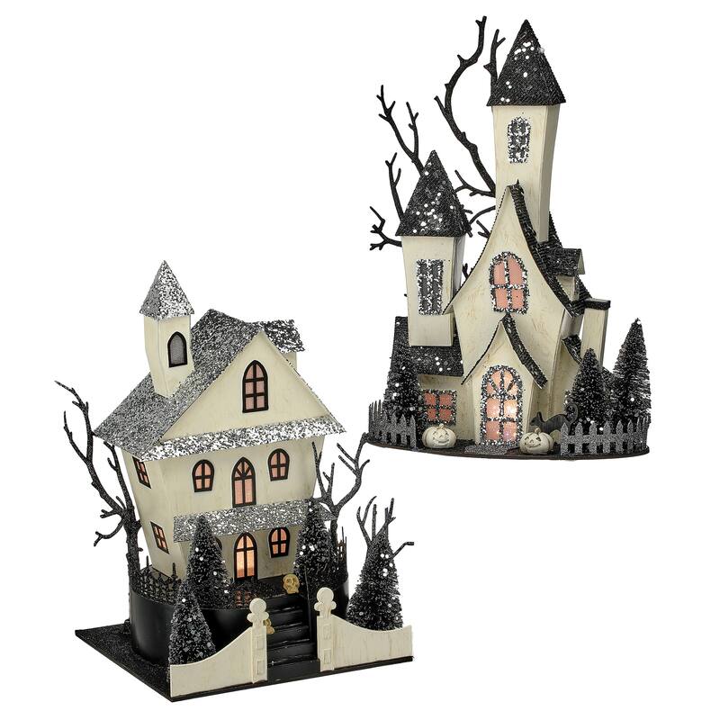 12.5-13.5" LED Battery Operated Timer Cardboard Haunted House Set of 2