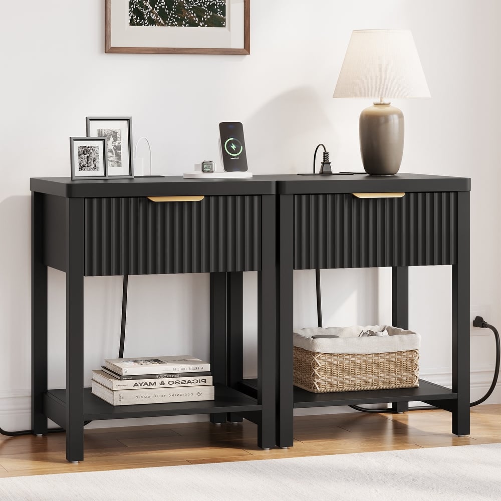 Nightstand with Drawers Fluted Bedside Table with Charging Station