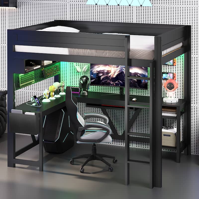 Wood Full Size Gaming Loft Bed Frame with Computer Desk, Grid Storage Panel, Storage Shelves, Cabinet, LED and Charging Station