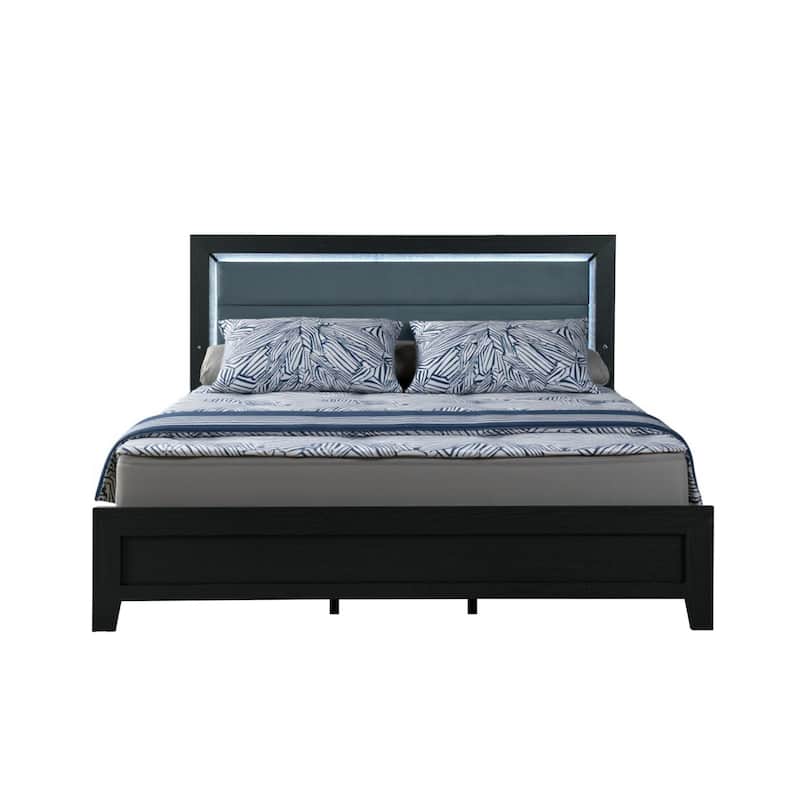 HomeRoots Black and Gray Wood And Velvet Lighted King Bed Frame