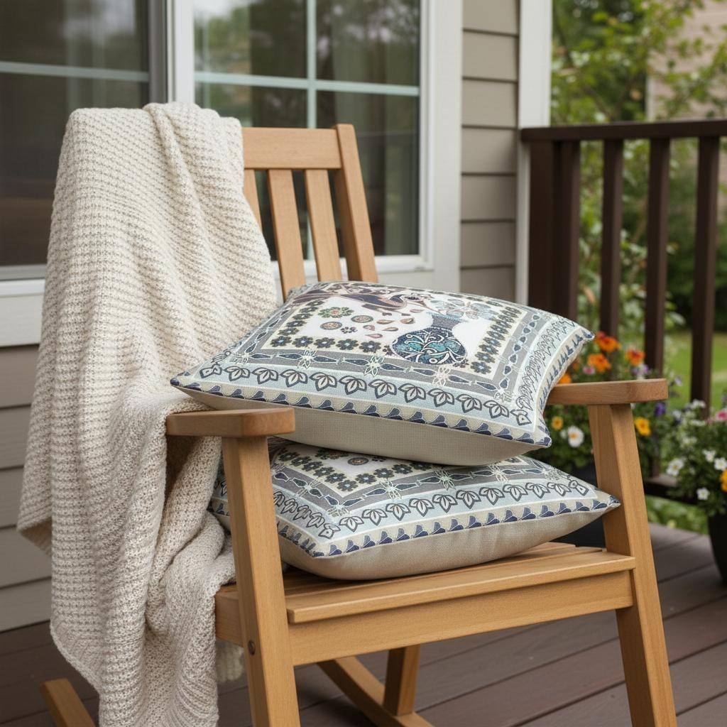 HomeRoots Set of Two 16" X 16" Gray and White Peacock Blown Seam Floral Indoor Outdoor Throw Pillow - 16.00' X '16.00' X '5.00