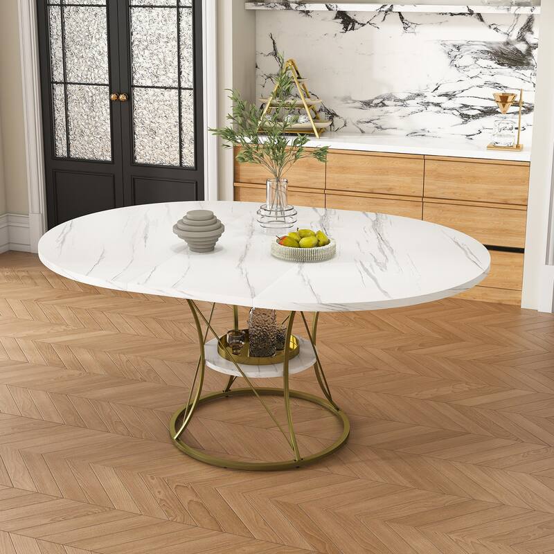 43 to 59 Inch Extendable Round Dining Table for 4-6 - Farmhouse Kitchen Table with Storage Shelf & Metal Base