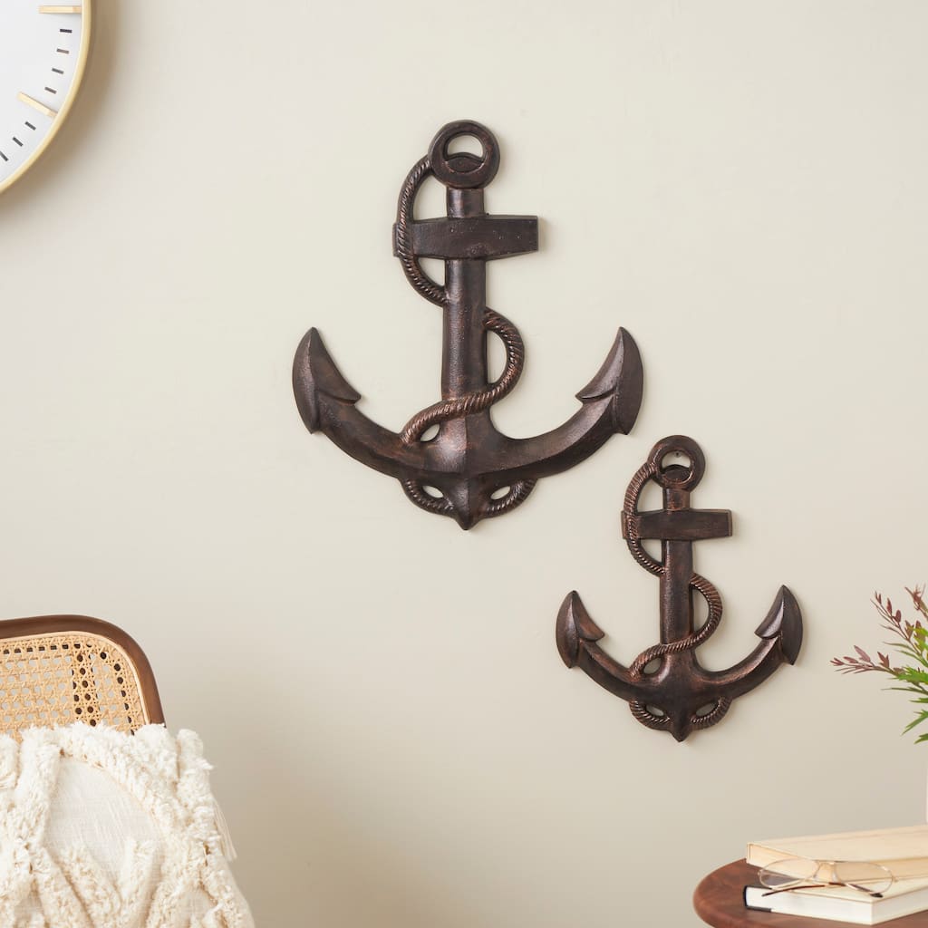Bronze Aluminum Metal Weathered Anchor Home Wall Decor with Curved Rope Design (Set of 2)