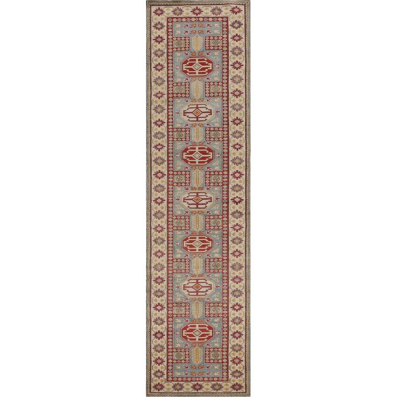 Light Blue Kazak Runner Rug Handmade Traditional Wool Carpet - 2'6" x 13'1"