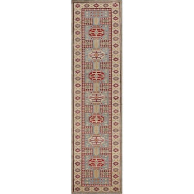 Light Blue Kazak Runner Rug Handmade Traditional Wool Carpet - 2'6" x 13'1"