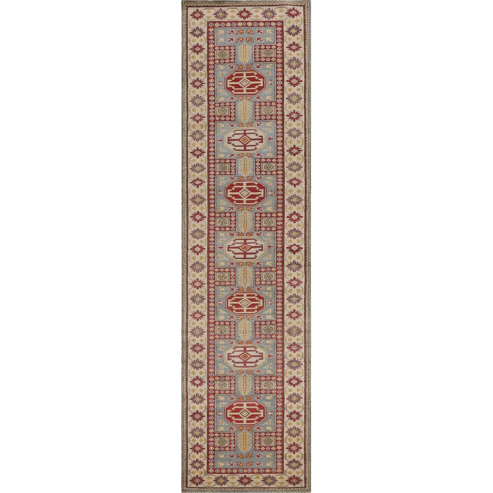 Light Blue Kazak Runner Rug Handmade Traditional Wool Carpet - 2'6" x 13'1"
