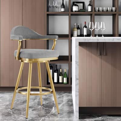 HomeRoots 30" Gray and Gold Fabric and Stainless Steel Low Back Bar Height Swivel Bar Chair