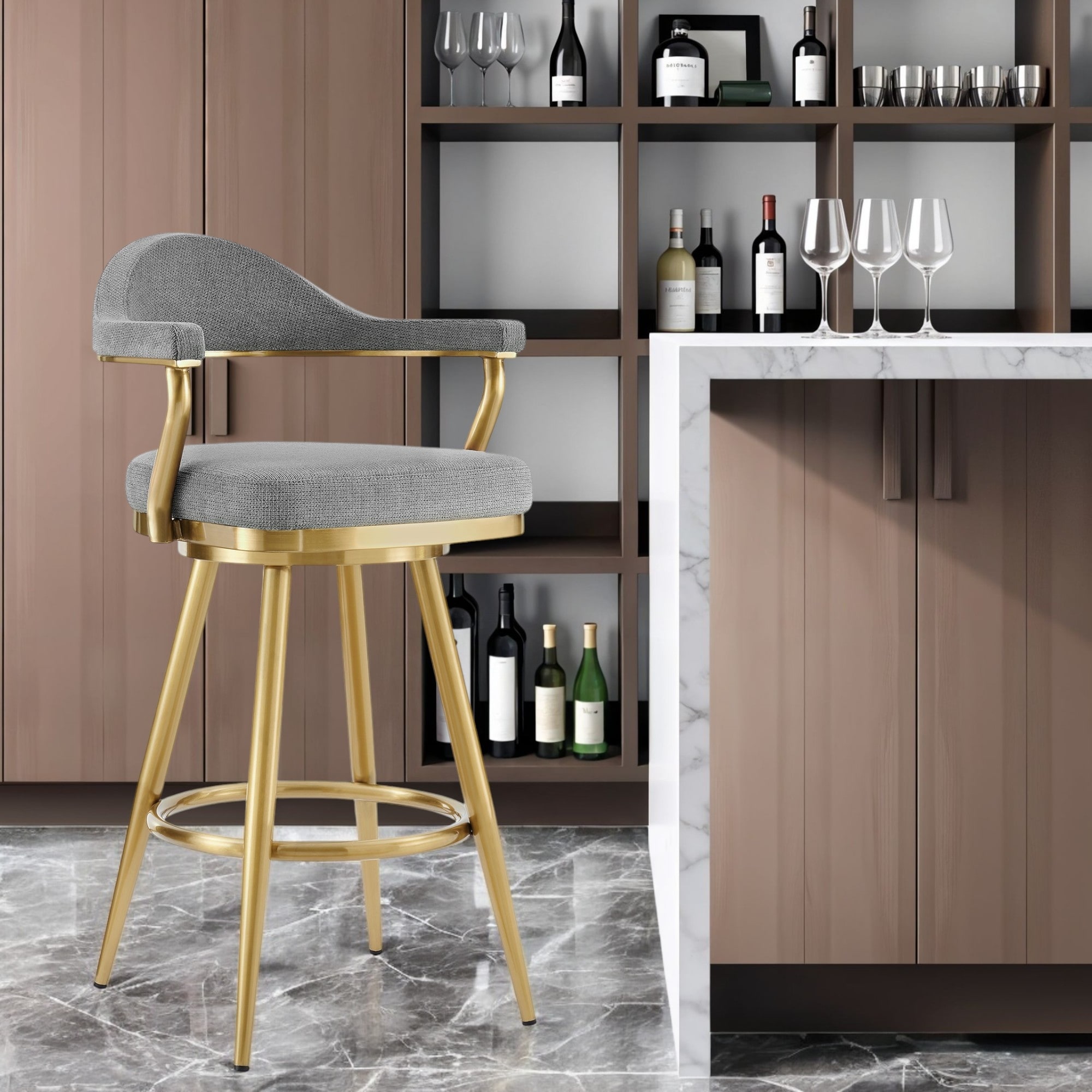 HomeRoots 30" Gray and Gold Fabric and Stainless Steel Low Back Bar Height Swivel Bar Chair