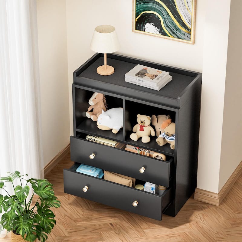 Baby Changing Table with Pad, 2 Drawers and 2 Open Compartments for Nursery Room
