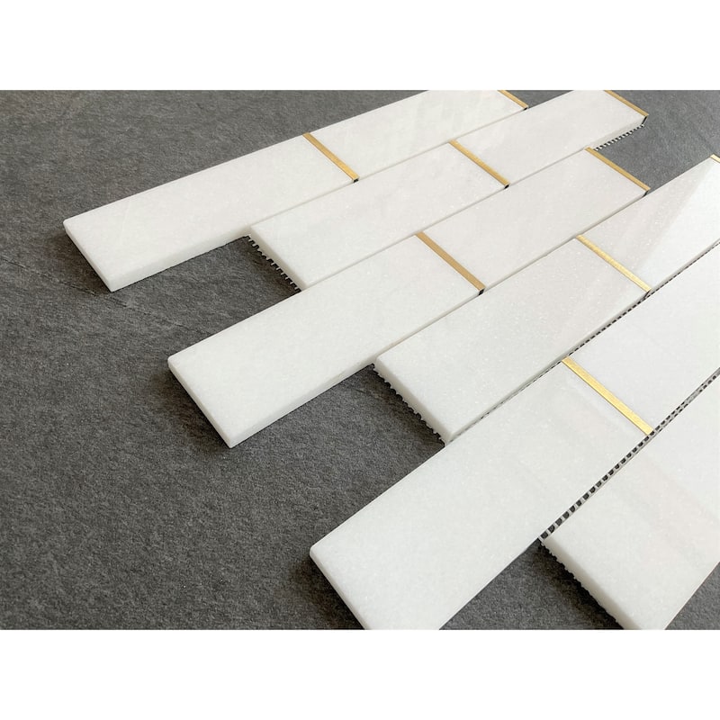 Thassos White and Gold Metal Marble Wall and Floor Mosaic Tile - Case (10 Sheets)