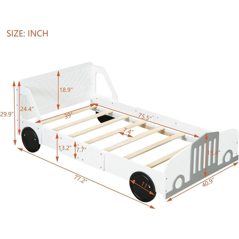 Twin/Full Car Bed for Kids, Car Shaped Platform Bed with Wheels, Headboard and Footboard, Toddler Car Bed Slat Support