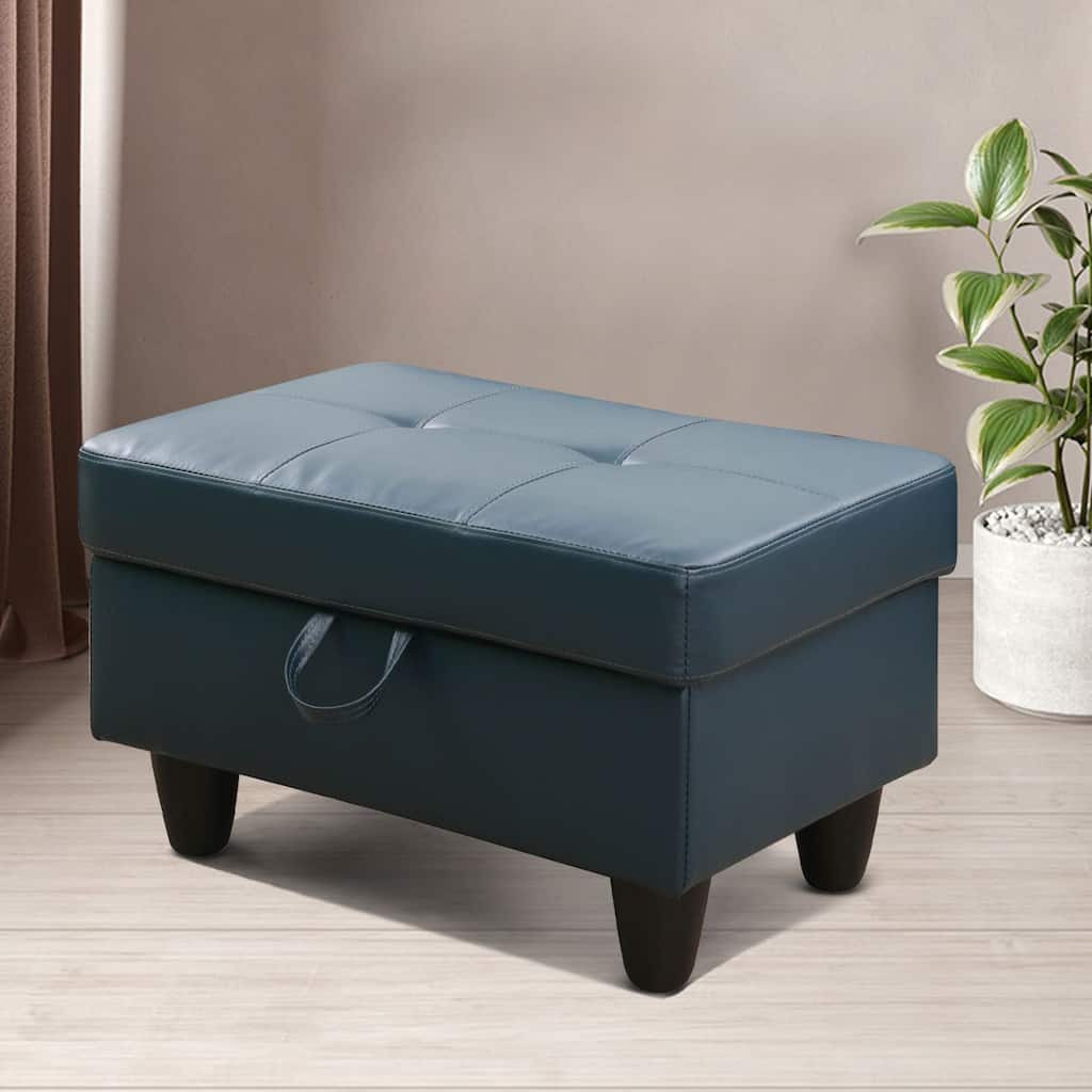 Denim Blue Faux Leather Living Room Ottoman Footstool