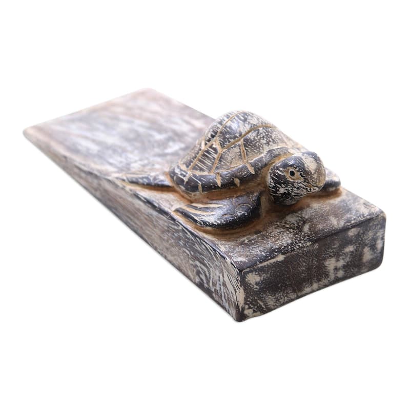 Novica Handmade Whitewashed Baby Turtle Wood Door Stopper - 2" H x 6.5" W x 2.4" D