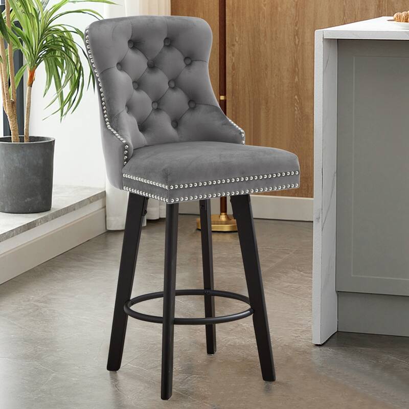 Modern Swivel Bar Stools Velvet Barstools Button Tufted Bar Stools Rivet Trim Bar Stools For Kitchen Island