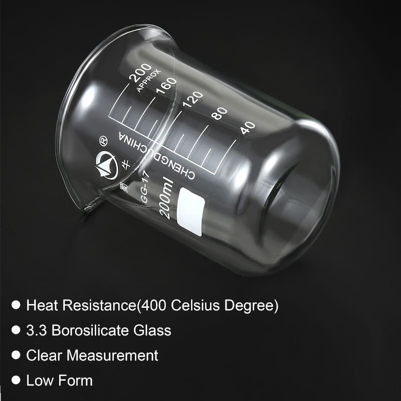 200ml Low Form Glass Beaker, 3.3 Borosilicate Lab Measuring Cups - Clear