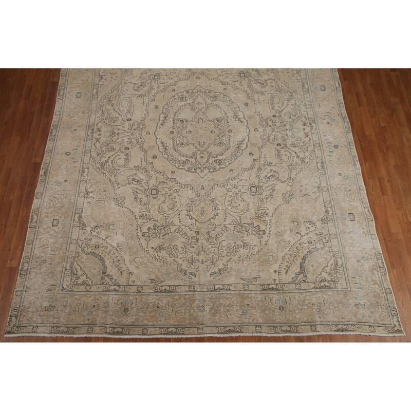 Hand Knotted Oriental 100% Wool Carpet Traditional Floral Beige & Ivories Tabriz Area Rug - 12' 7'' X 9' 7''